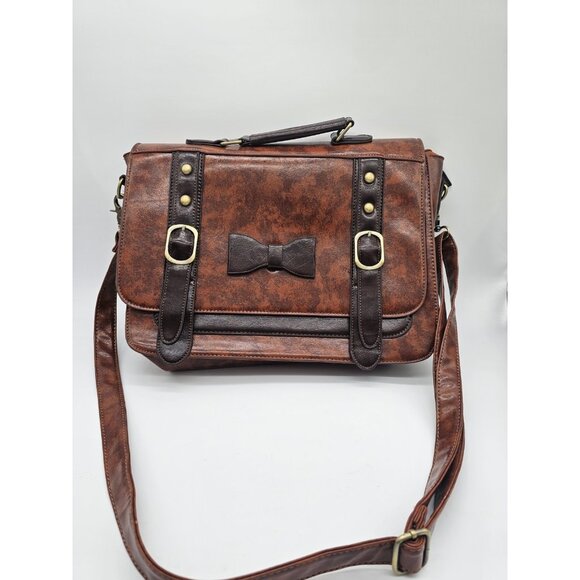 Ecosusi Messenger Bag Brown Leather Purse Briefcase Shoulder Bag Bow Buckles - Picture 1 of 16